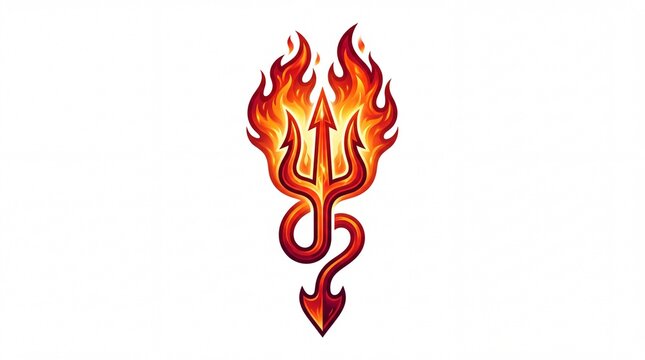 Fiery red trident glowing with intense hot flames isolated on white background
