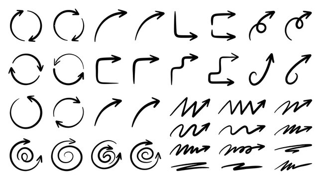 Hand Drawn Doodle Arrows and Circular Arrows Set &ndash; Sketch Style Refresh, Loop and Zigzag Vector Icons