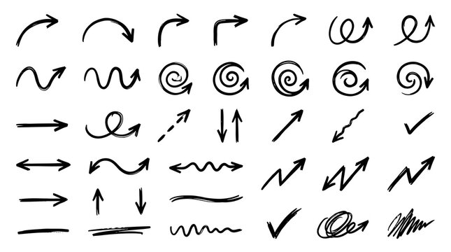 Hand Drawn Doodle Arrows Set &ndash; Sketch Style Curved, Swirl, Zigzag and Check Mark Vector Icons