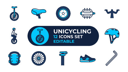 Unicycling Icon Set: A collection of stylized vector icons representing various elements of unicycling, including the unicycle itself, rider, wheel, saddle, pedal, helmet, knee pads, and tools. © Joynob