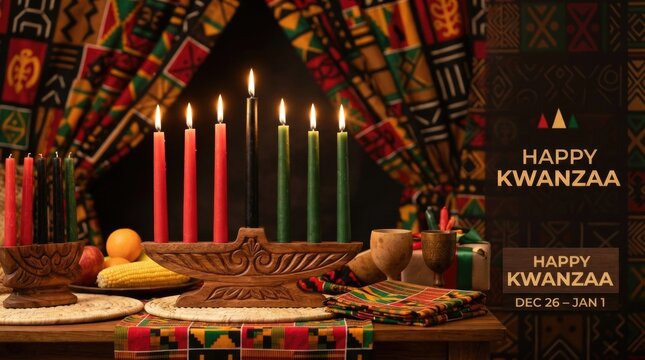 Festive Kwanzaa Candles Display Against African Patterned Fabric