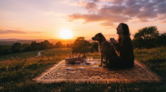 Golden Hour Moment: Woman and Dog Watching Sunset Together