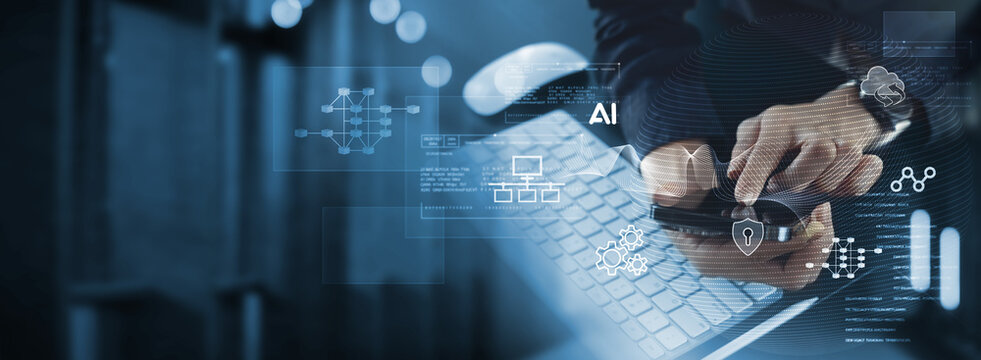 Digital technology with AI assistant, network security system, database management connecting with cloud computing and blockchain technology, data engineering, smart tech with AI coworker