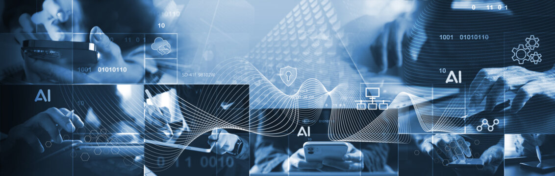 AI Artificial Intelligence. Business people using AI technology for data analysis, coding computer language with digital brain, machine learning on virtual screen, business intelligence
