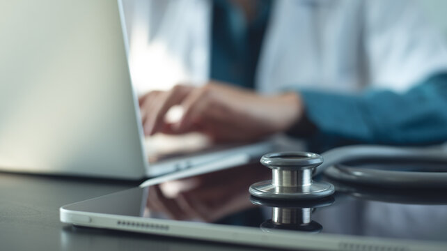 Closeup, stethoscope with doctor working on laptop computer and digital tablet on table in hospital office. Healthcare and medicine, medical technology background