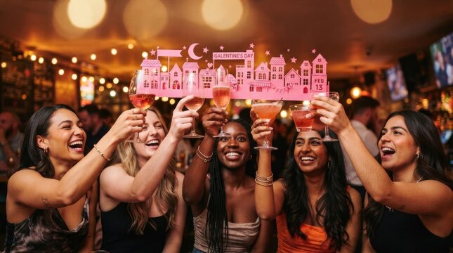 Joyful Friends Making a Champagne Toast at a Nightlife Bar