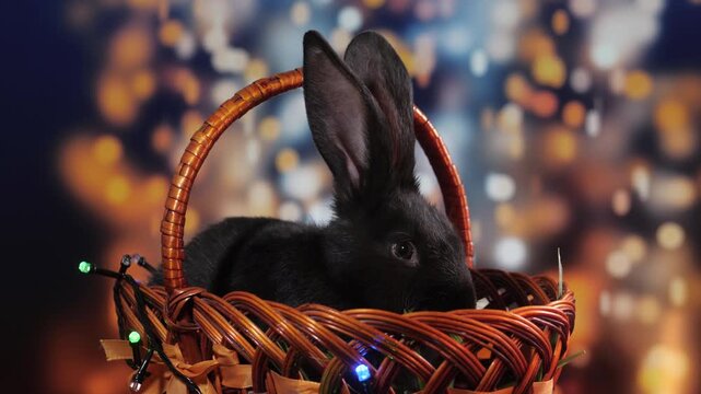 Black rabbit sitting alert in woven wicker basket with upright ears and warm decorative string lights, rightside profile against cozy holiday bokeh background blur