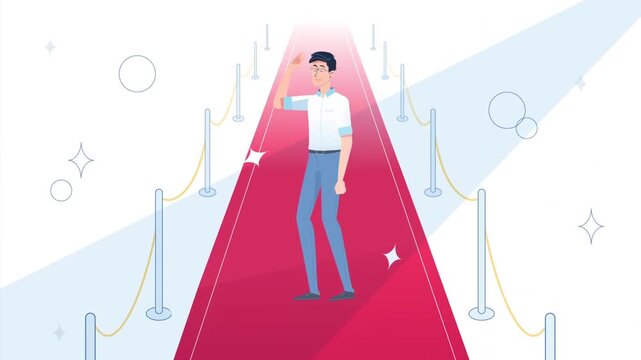 Man waving hands on red carpet animation video clip showing successful celebrity arrival motion graphic design