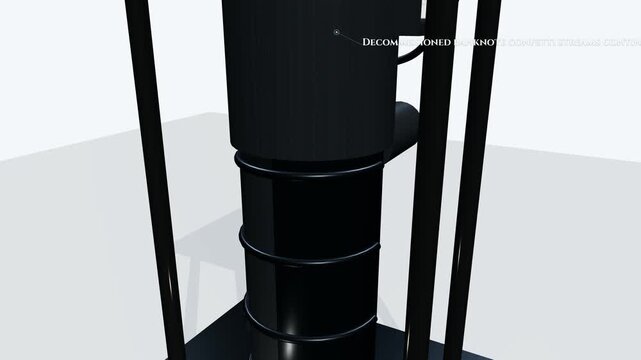 3D animation showing the industrial briquetting process of decommissioned shredded banknotes being compacted under extreme hydrostatic pressure into a solid block for ecological disposal