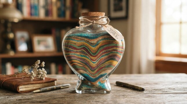 Vintage Striped Glass Jar Still Life on Rustic Wood Table