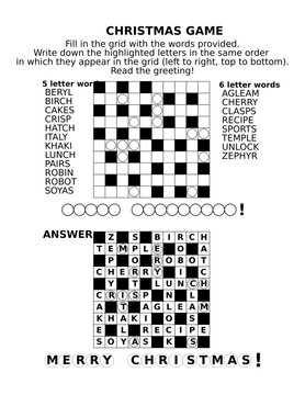 Christmas themed word game with crossword puzzle, letter hints, keys and festive greeting
