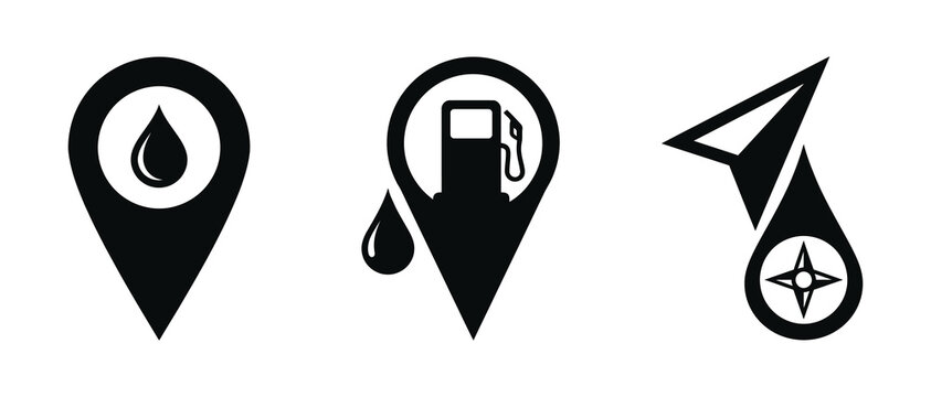 location pin icons featuring water drop gas pump and compass navigation symbols isolated on transparent background
