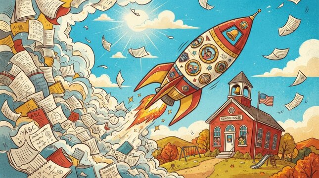 Whimsical Hot Air Balloon Carrying Books and Letters Through Sky