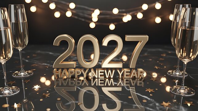 Happy new year 2027 celebration background with golden balloons and champagne glasses on a dark festive surface