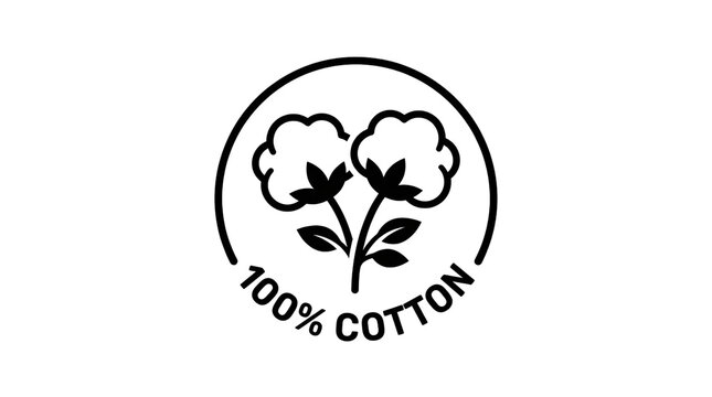 100% Cotton Logo Icon Vector Graphic Illustration, Natural Cotton Plant Flower Boll Badge Seal Label Design Isolated on Black Background, Pure Organic Cotton Textile Fiber Symbol, Fabric Quality Guara