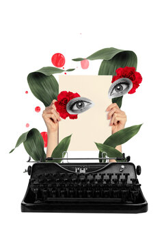 Creative drawing collage picture of&nbsp;funny eyes watching eyes typewriter writing novel hands hold paper weird freak bizarre unusual fantasy
