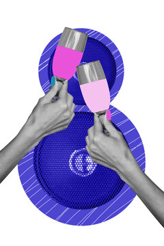 Vertical photo collage of hands hold champagne glass beverage dynamic music alcohol festive occasion isolated on painted background
