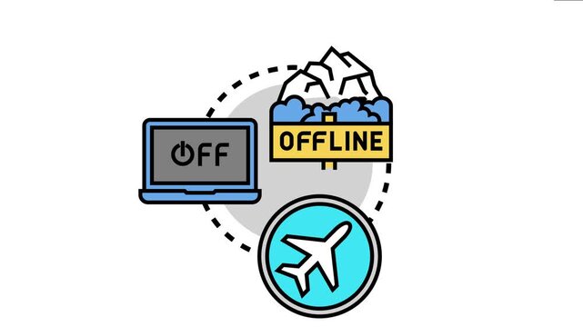 Offline mode concept art illustrates disconnection from online networks, focusing on airplane mode functionality and a laptop indicating power off for digital detox