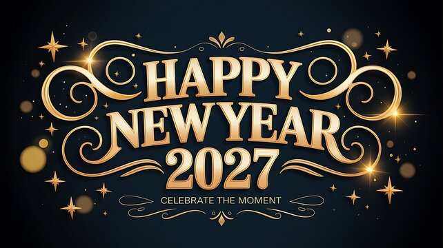 Elegant happy new year 2027 greeting card design with golden ornate typography and sparkling stars on black background