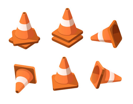 Highway safety traffic cone set for web and graphic design; isometric view of traffic cones for construction zones.