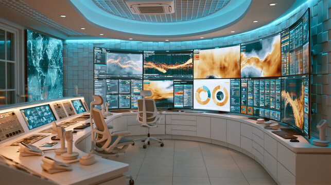 Smart elderly care command center with curved holographic displays, cyan and amber lighting, and abstract UI. 8K cinematic 3D render with clean left negative space for healthcare website hero banners.