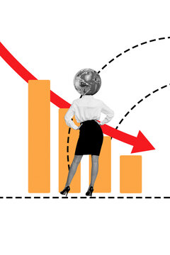 Vertical photo collage of anonym businesswoman instead head globe arrow chart decline crisis recession isolated on painted background