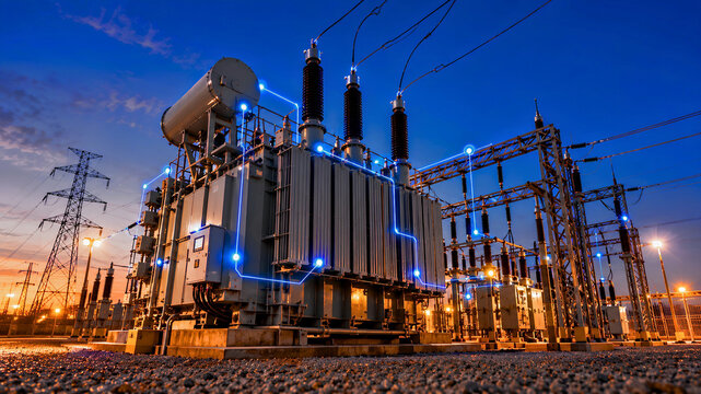 High Voltage Electrical Power Substation Transformer With Smart Digital Grid Network Overlay Against Vibrant Sunset Sky