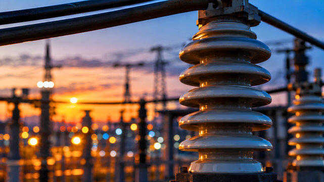 Macro Close Up Of Ceramic High Voltage Electrical Insulator At Power Substation During Golden Sunset With Warm Bokeh Sky