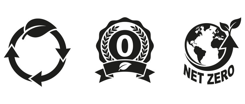 distinct environmental sustainability logos featuring recycling symbol circular arrows leaf design zero emissions badge and net zero globe icon