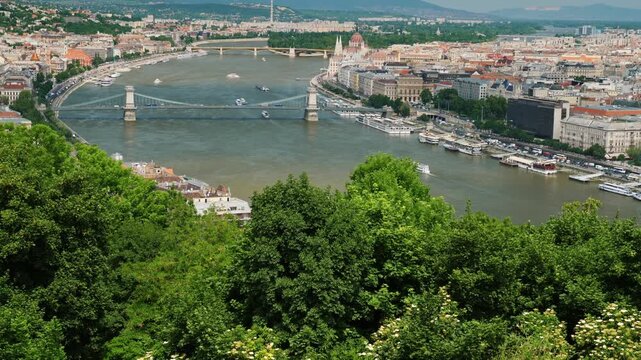 Budapest city panorama with Danube river and chain bridge view from Gellert hill in Hungary.