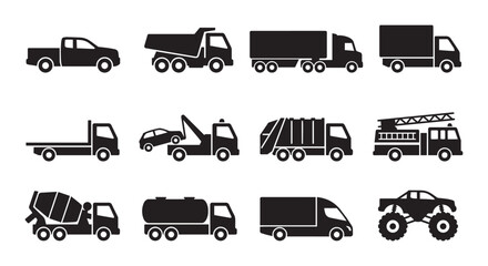 Diverse Truck Icons Set, Commercial Vehicle Silhouettes, Pickup, Dump, Tow, Fire Engine, Cement Mixer, Garbage Truck, Monster Truck, Logistics, Transportation Graphics © Shahadat