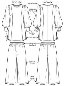 Technical Fashion Flat Sketch of a Women's Tunic with Puff Sleeves and Wide-Leg Trousers, Front and Back View