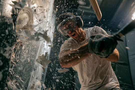 Man Breaking Plates in a Rage Room for Stress Relief