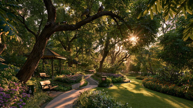 Warm golden light bathes an accessible park with ramps, benches, raised beds, and safety posts, featuring open sky copy space on the right. Perfect for municipal planning and senior wellness.