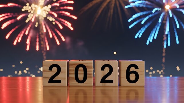 Wooden blocks displaying the year 2026 with colorful fireworks exploding in the night sky during new years eve