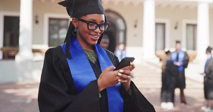 Graduation, happy and woman with phone at college for news, text and social media update for success. University, graduate and student on cellphone for message for education, learning and study goal