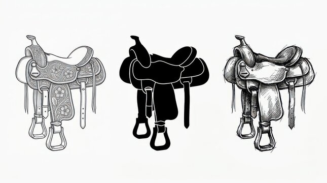 Western Horse Saddle Illustration Set: Detailed Line Art, Silhouette, and Sketch Styles for Graphic Design