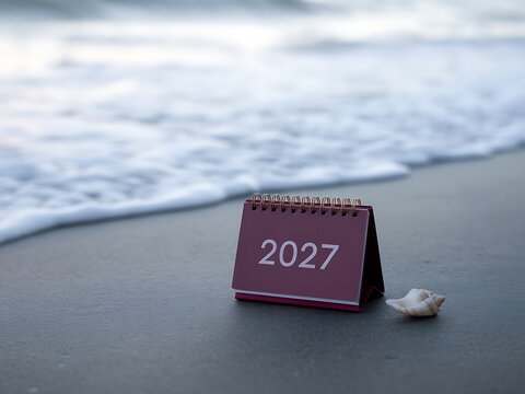 New year resolutions and hopeful beginnings with a calendar by the ocean