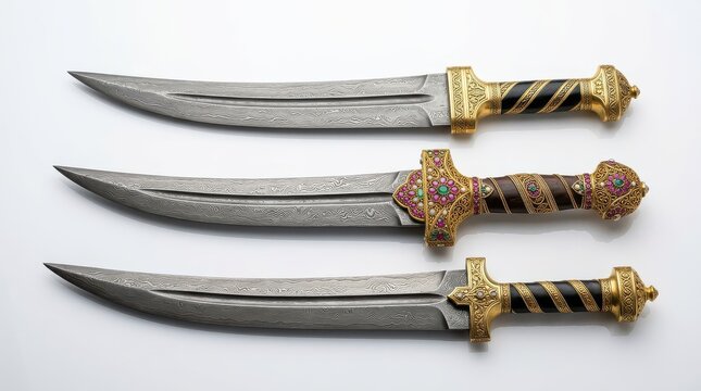 Three Ornate Traditional Middle Eastern Daggers with Damascus Steel Blades and Gold Gemstone Hilts on White Background