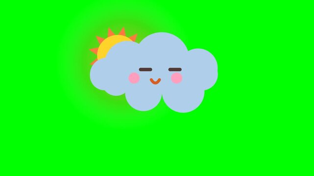 A cute kawaii cloud character experiencing gloomy rain before the sun peeks out from behind, clearing the weather and bringing a happy smile in a 4K motion graphic loop.