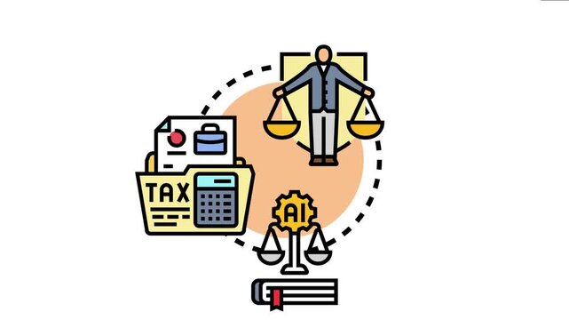 Person balancing scales, symbolizing justice and ethics, with legal documents, tax forms, a calculator, and an ai geared scales, representing regulatory adherence
