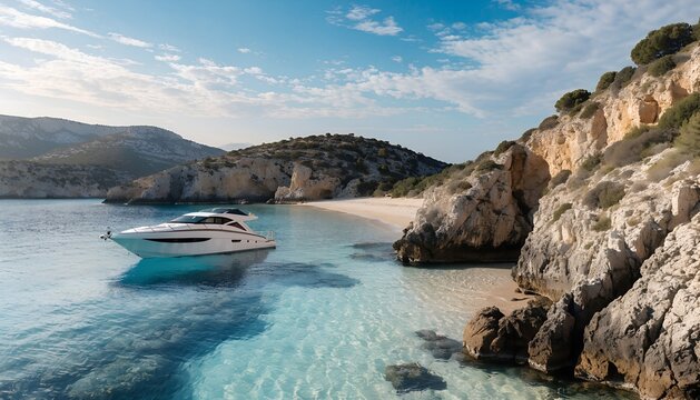 Aerial Mediterranean seascape, luxury yacht cruising beside rugged islands, summer travel banner for Greece and Turkey vacation packages, Aegean Sea cruise and yacht tours booking, azure water