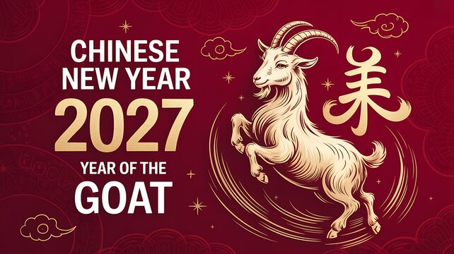 Chinese new year 2027 illustration depicting the year of the goat with traditional elements