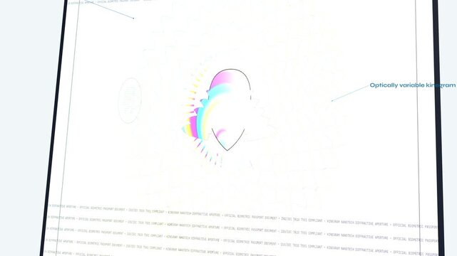 3D animation detailing the optically variable kinegram security feature of a biometric passport, zooming into nanoscale aluminum wave grooves that create physical wave diffraction