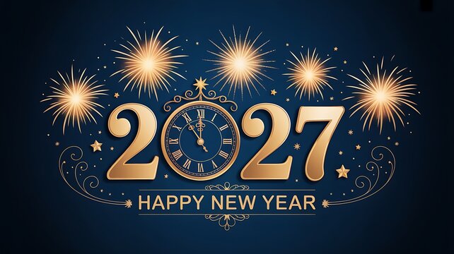 Festive new year 2027 celebration with sparkling fireworks and a clock