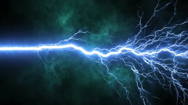 Blue electric lightning bolt flashing across a dark stormy sky