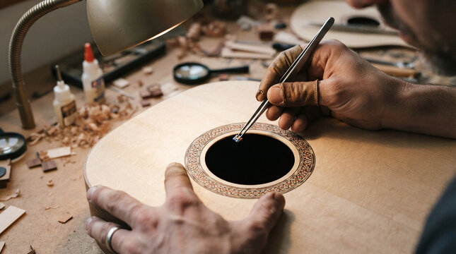 Luthier hands using tweezers inlaying wooden mosaic rosette into guitar soundboard