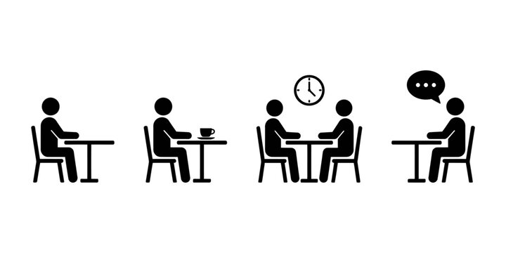 Social interaction and dining stick figure icons representing people sitting at tables alone drinking coffee talking with friends and checking meeting time.