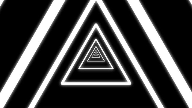 Infinite neon triangle tunnel motion background, glowing white geometric corridor loop