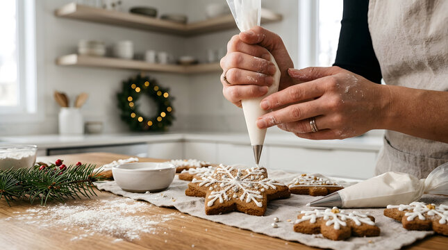 Woman's hands decorating homemade snowflake gingerbread cookies with white royal icing in a bright festive kitchen.